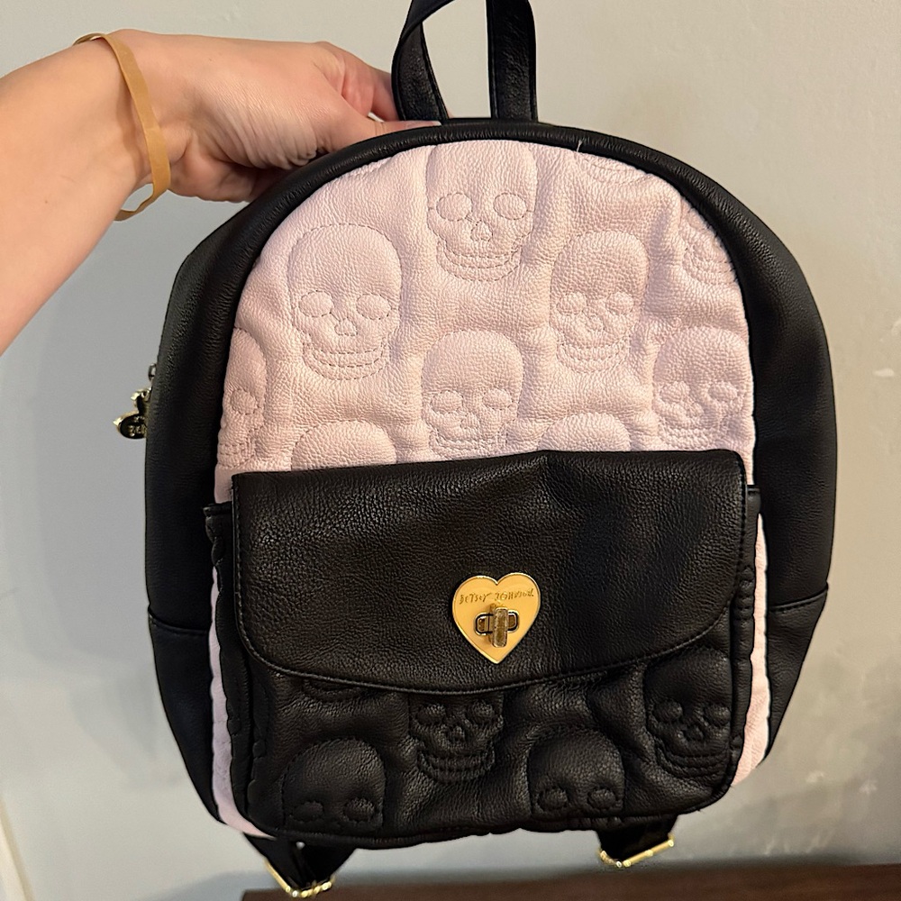 Betsey Johnson Embossed Skull Pink And Black‎ Mini Backpack Whimsy Goth